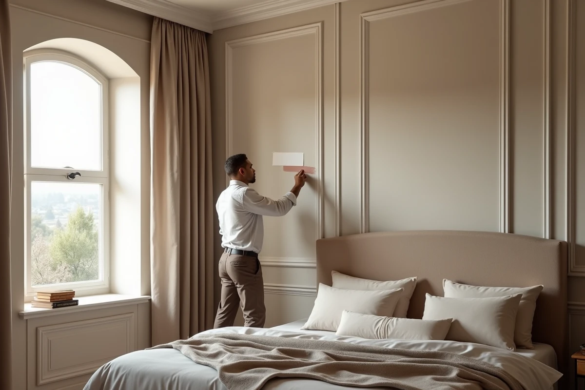 Homme peignant un échantillon de couleur dans une chambre élégante