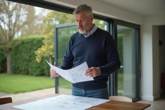 Homme méditant devant plan de la veranda moderne
