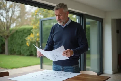 Homme méditant devant plan de la veranda moderne