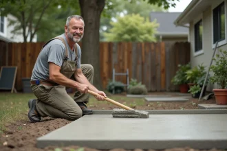 Homme en vêtements de travail lissant une terrasse en béton fraîche
