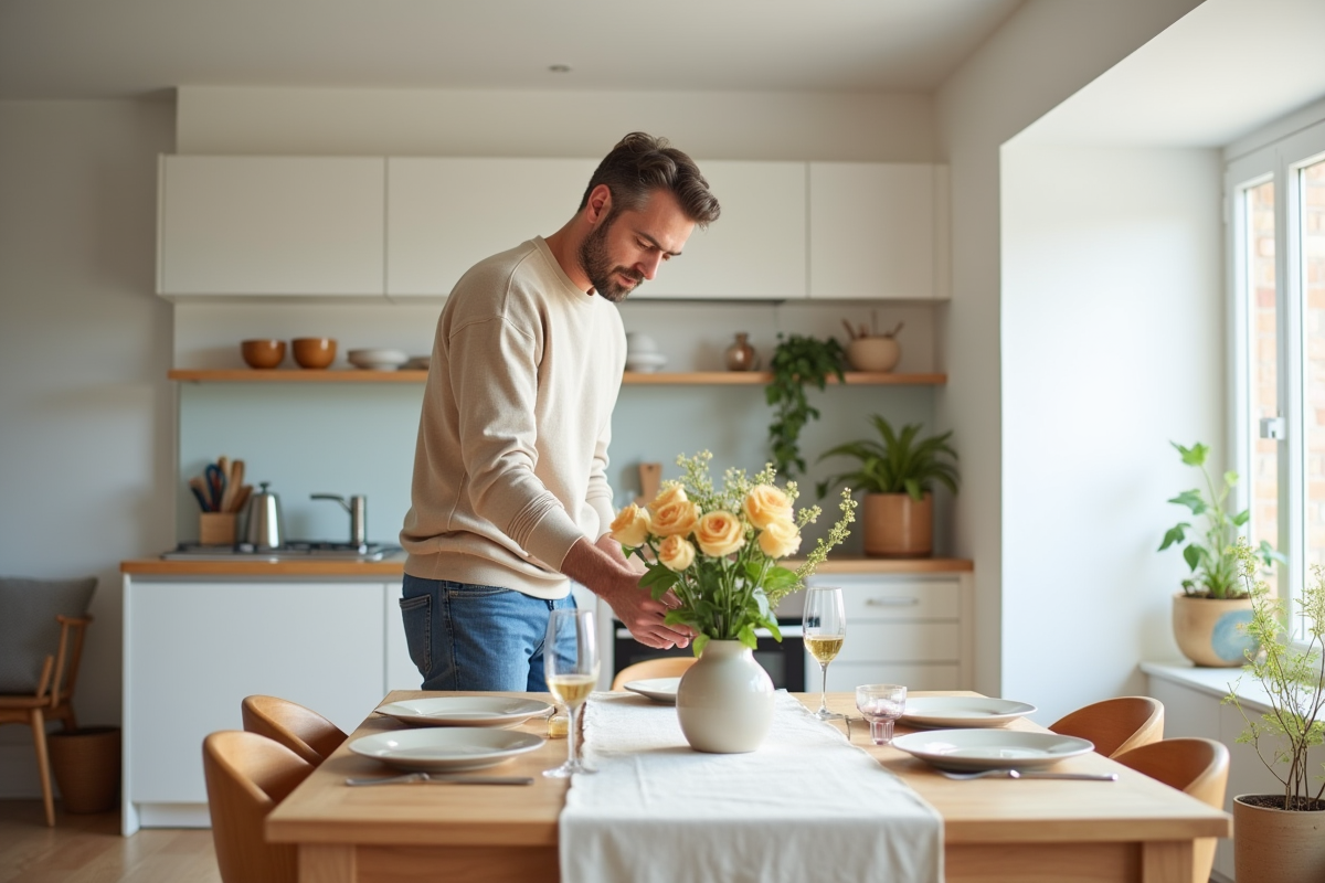 Homme posant un vase de fleurs sur une table de salle à manger