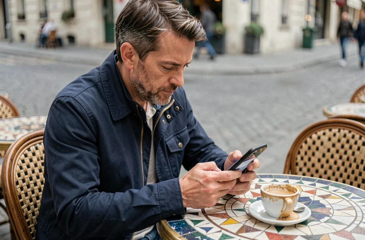 Homme rédigeant un avis sur Wecassa depuis son smartphone en terrasse de café