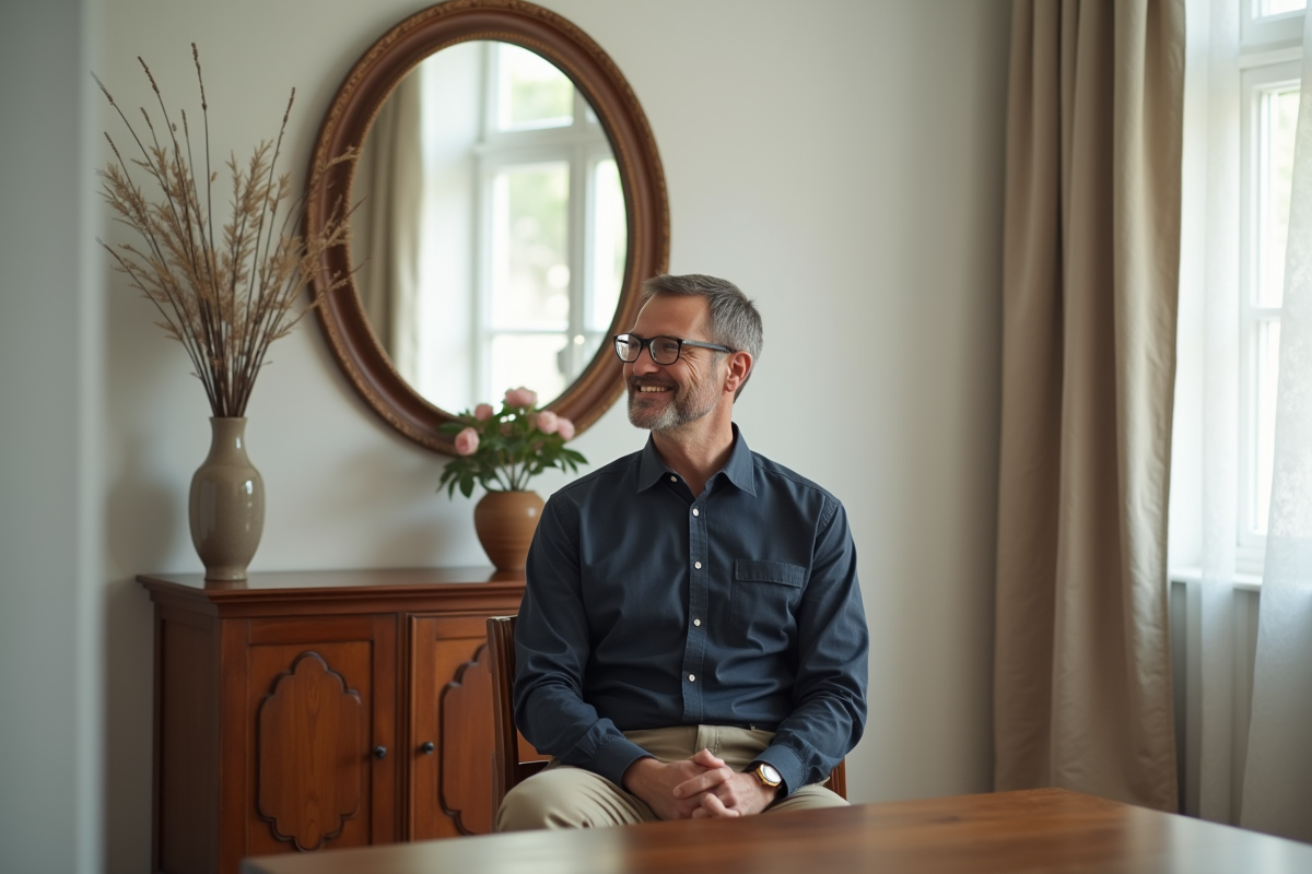Homme regardant son reflet dans un miroir de salle à manger