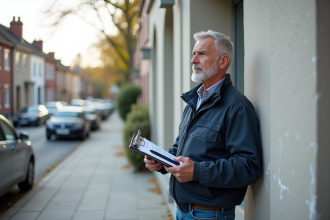 Hommes en extérieur près d'une façade rénovée en plâtre