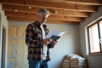 Homme d'âge moyen examine des plans de rénovation sur une tablette