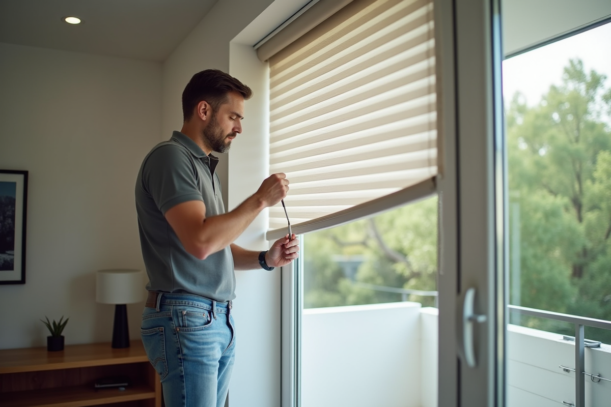 Homme d'âge moyen répare un volet roulant dans un salon lumineux