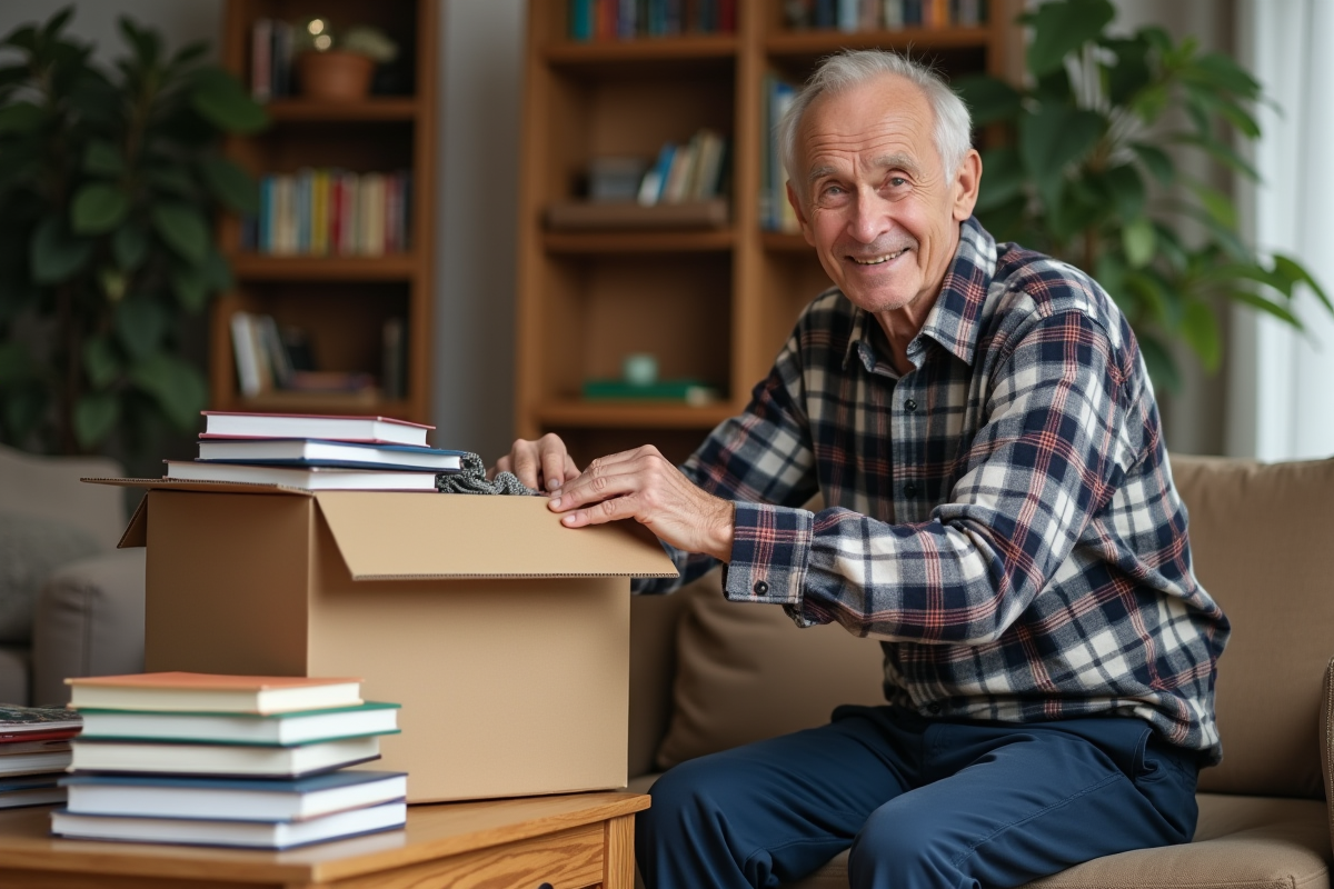 Homme âgé scotchant une boîte de livres dans le salon