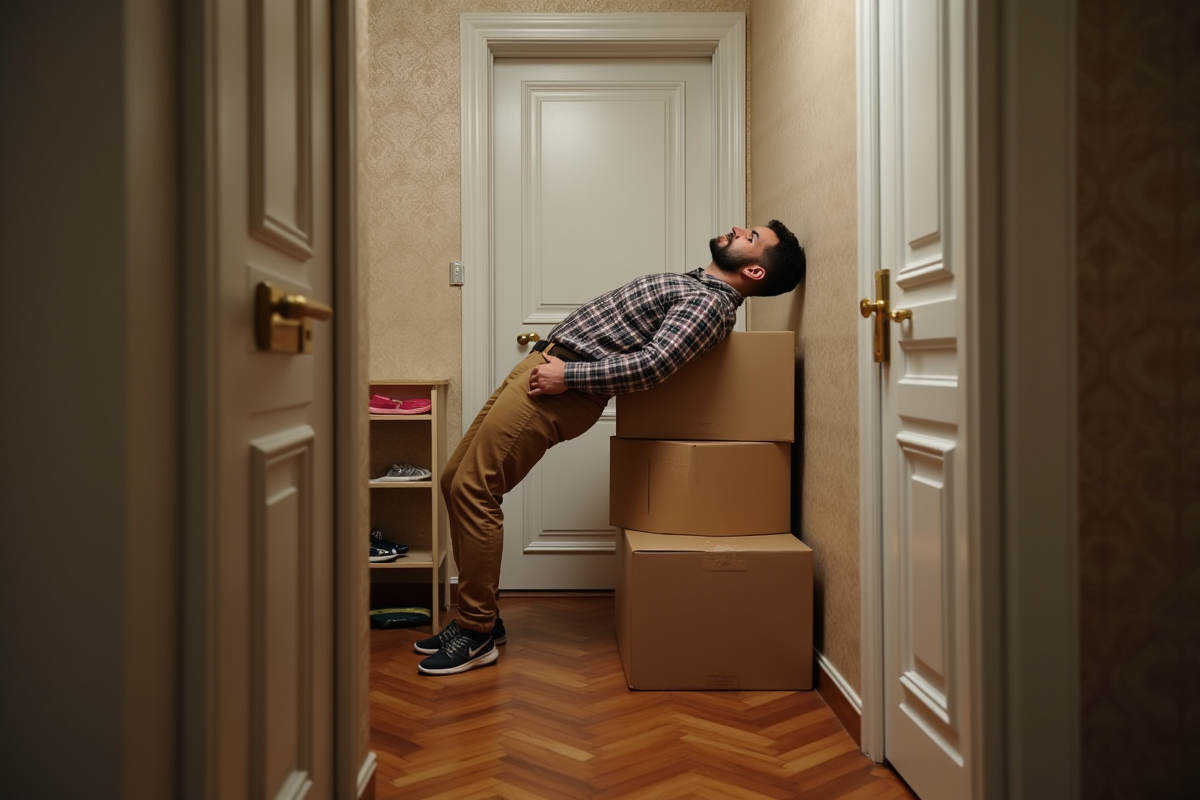 Homme étirant le dos dans un couloir d