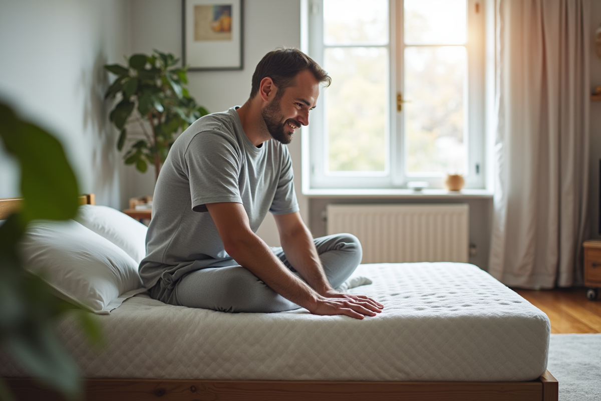 Homme à l’épreuve du matelas dans une chambre lumineuse