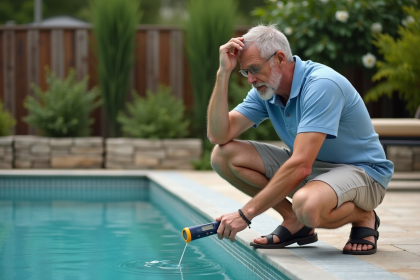 Homme d'âge moyen vérifiant la température de la piscine