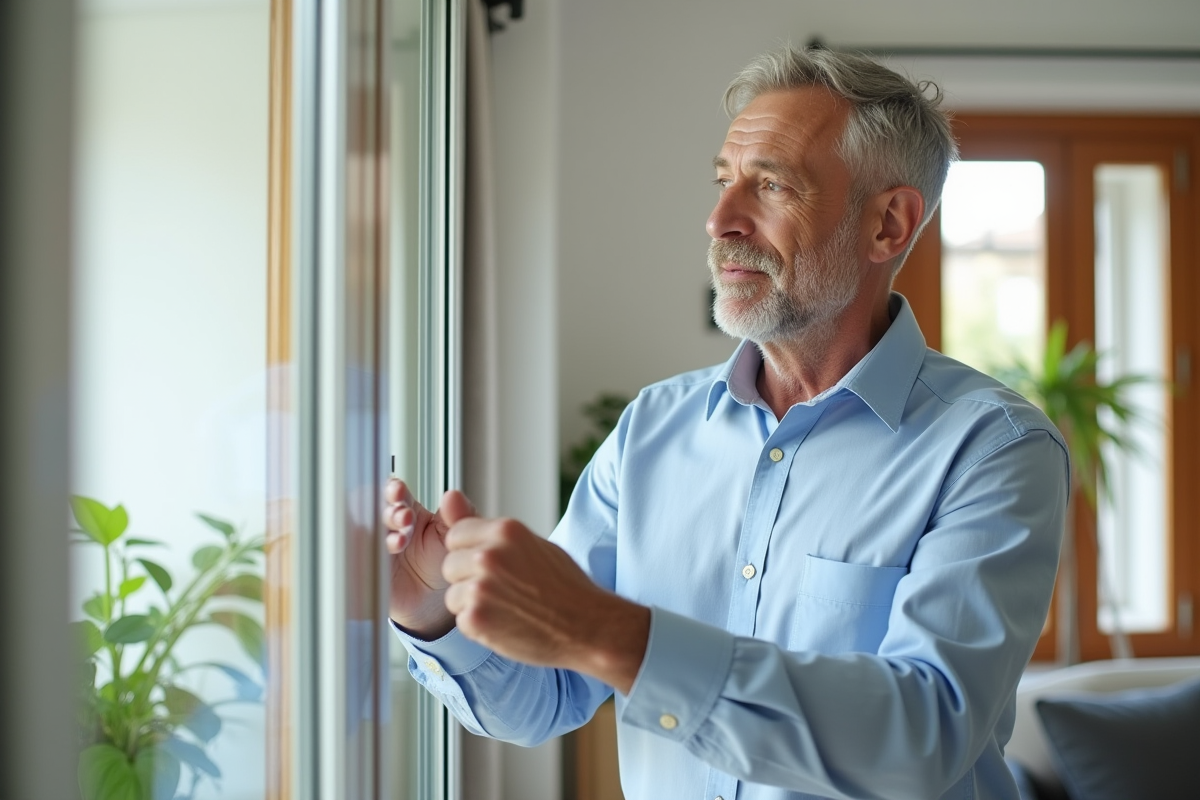 Homme vérifiant une fenêtre double vitrage dans un salon lumineux