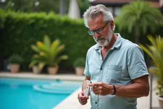 Homme d'âge moyen vérifiant une bande de test piscine