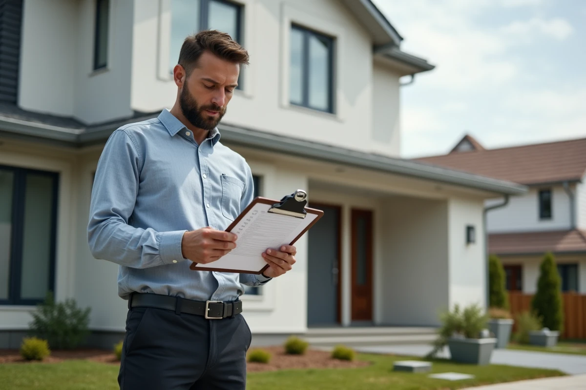 Homme vérifiant une liste de contrôle de projet immobilier devant une maison contemporaine pour un accompagnement Ancronix Maison
