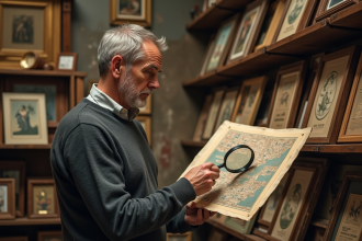Homme d'âge moyen examinant une affiche vintage avec loupe