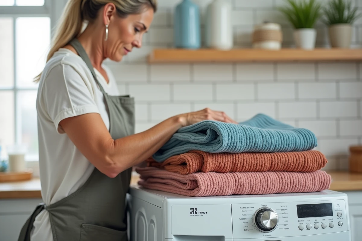 Housses de tabouret de bar colorées lavables posées sur un lave-linge dans une buanderie domestique