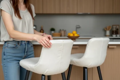 Housses de tabouret de bar lavables en machine en coton blanc installées sur des tabourets de cuisine moderne