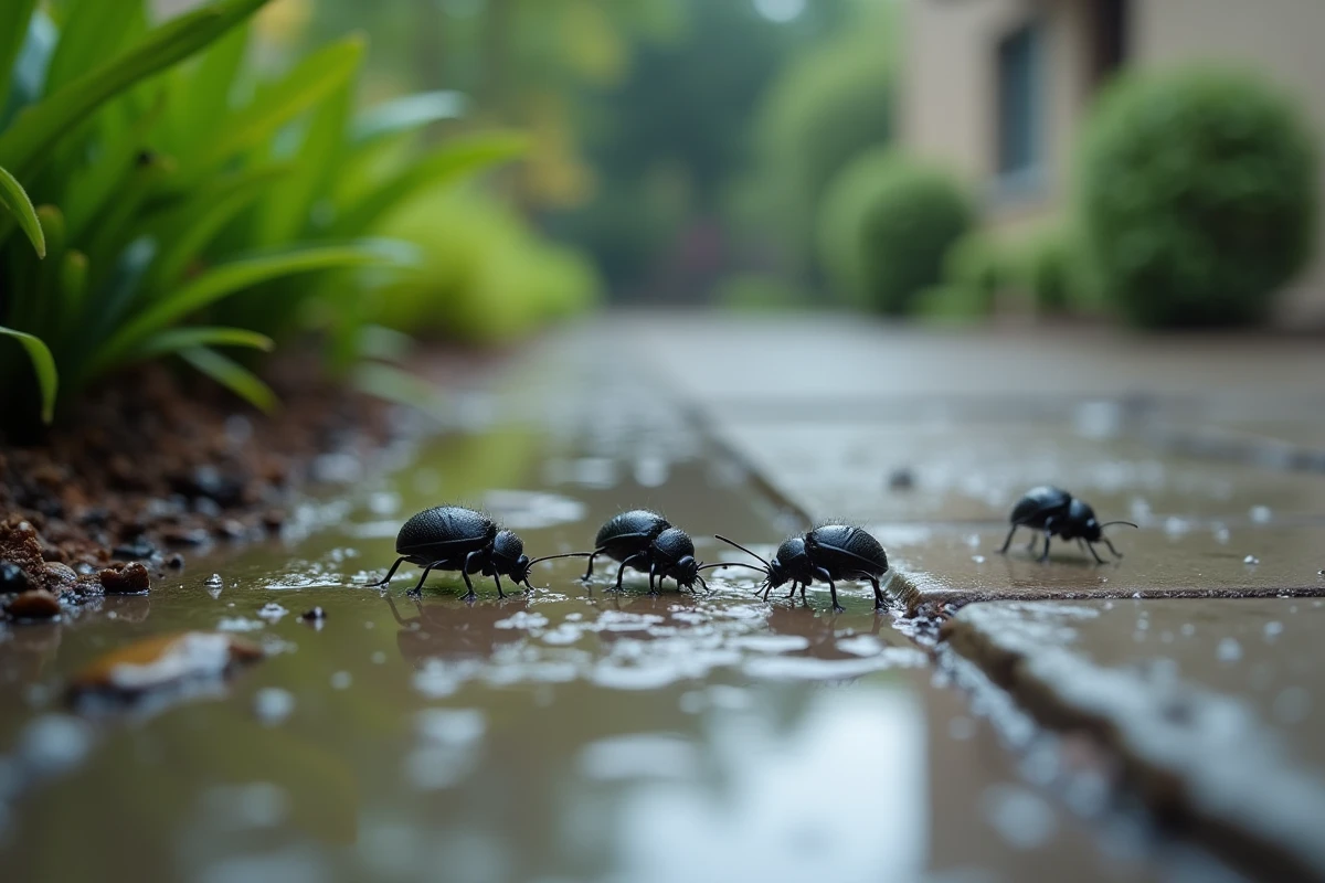 Petits insectes noirs sur un chemin de jardin mouillé après la pluie, vue macro rapprochée