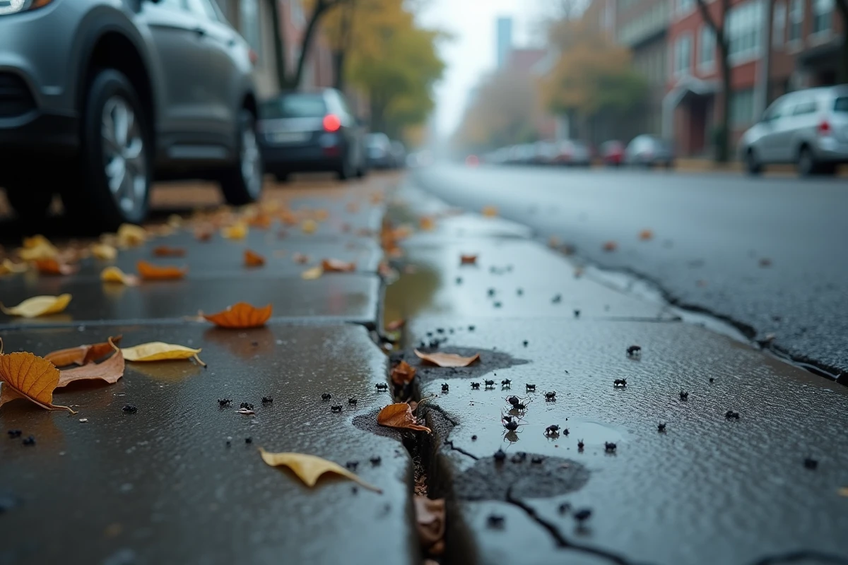 Insectes noirs rassemblés sur un trottoir urbain mouillé après une pluie, vue grand angle