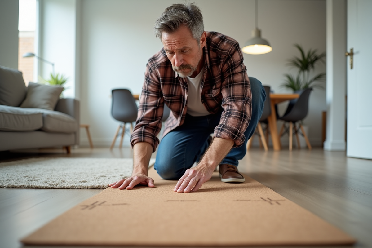 Homme inspectant un sol en liège dans une maison moderne