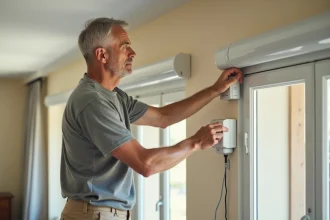 Homme inspectant le boîtier moteur d'un volet roulant Bubendorff pour diagnostiquer une panne de réglage