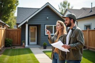 Femme et entrepreneur devant une maison moderne en jardin
