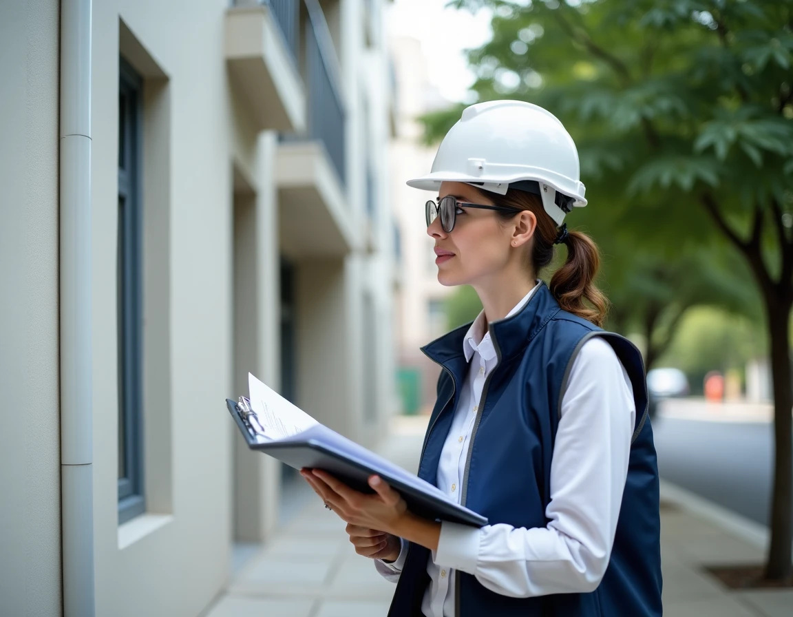 Inspectrice en bâtiment vérifiant la conformité réglementaire d'une façade avec enduit sur isolation polystyrène