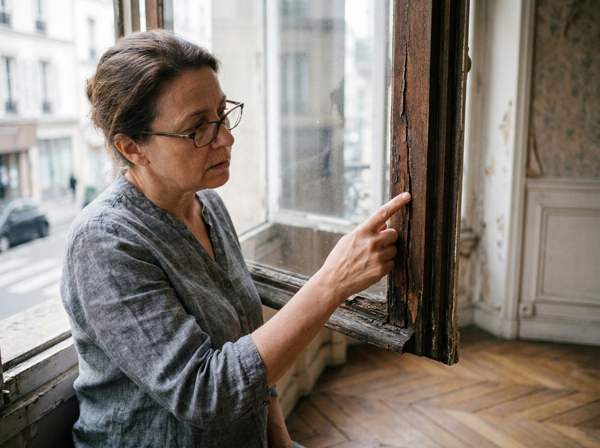 Propriétaire inspectant le cadre abîmé d'une vieille fenêtre à battants dans un appartement haussmannien avant rénovation