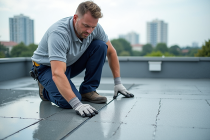Ingénieur inspectant la membrane d'étanchéité sur un toit urbain