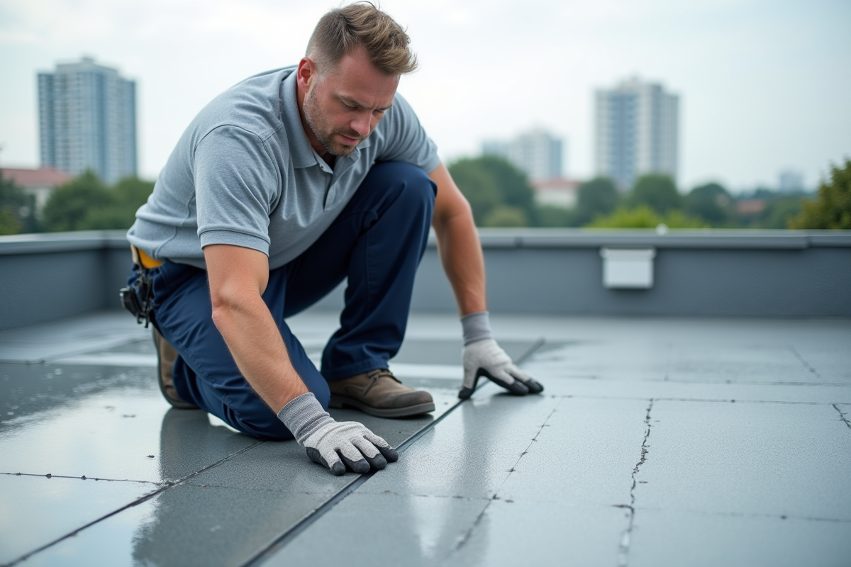 Ingénieur inspectant la membrane d'étanchéité sur un toit urbain