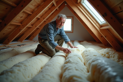 Homme moyenâge en train d'isoler un grenier ancien