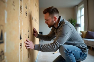 Homme moyenâgeux posant isolation triso noir dans salon