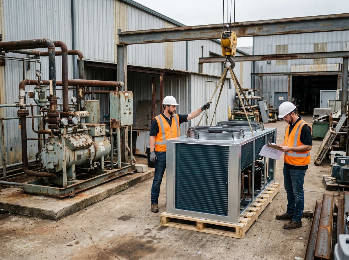 Installation d'un nouvel aérocondenseur à côté d'une installation frigorifique existante dans un site industriel