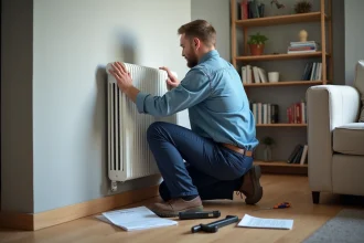 Homme installant un radiateur électrique dans un salon moderne