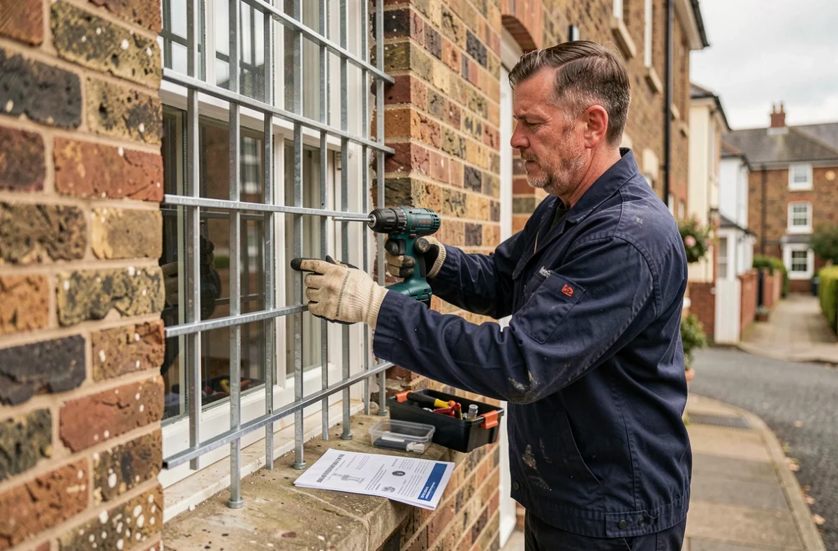 Installateur professionnel posant un grillage de protection fenêtre sur façade en brique
