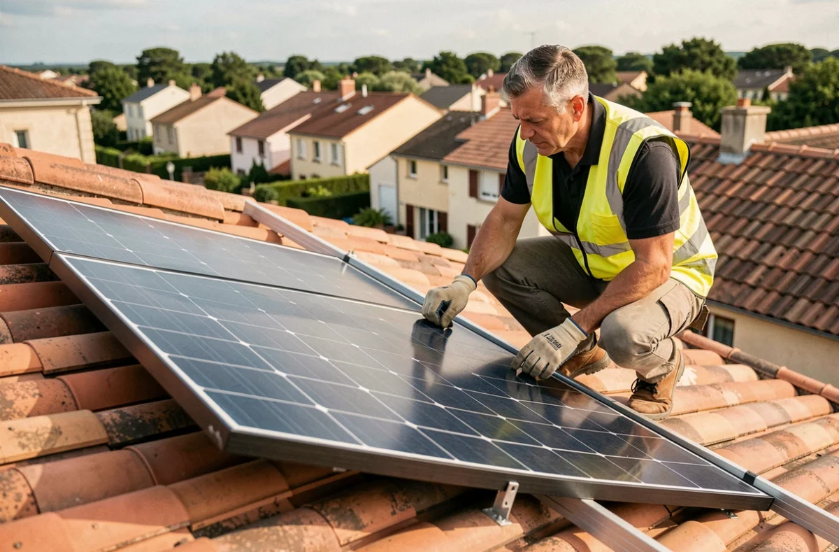 Installateur solaire posant des panneaux photovoltaïques sur un toit en tuiles lors d'une installation de kit solaire autoconsommation triphasé