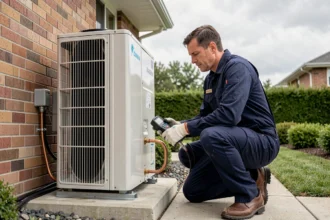 Technicien installant une pompe à chaleur air-eau Daikin 16 kW sur dalle béton extérieure d'une maison individuelle