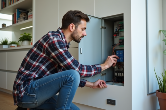Homme installant un module relais dans un salon moderne