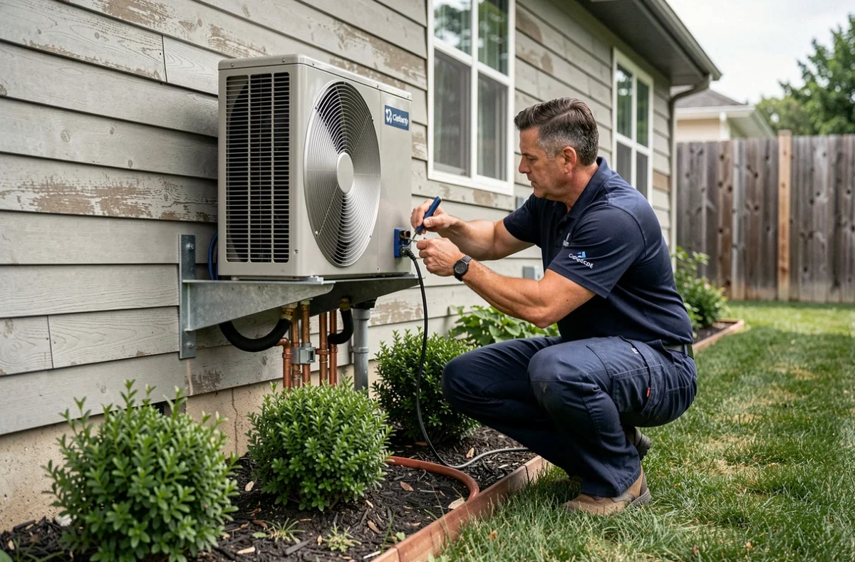 Technicien installant l'unité extérieure d'une pompe à chaleur air-air 7 kW sur la façade d'une maison individuelle