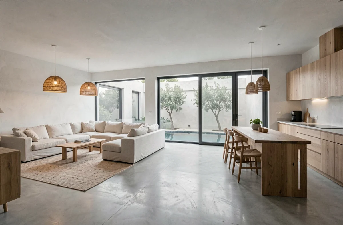 Intérieur lumineux d'une maison plain pied en L avec salon ouvert sur cour intérieure et baies vitrées