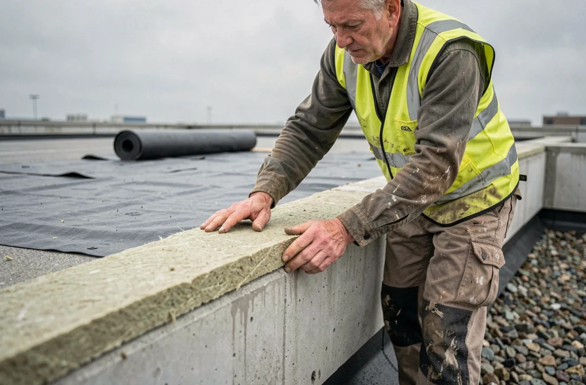 Poseur appliquant une isolation en laine minérale à la base d'un acrotère en béton sur une toiture en pente pour traiter les ponts thermiques
