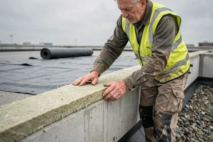Poseur appliquant une isolation en laine minérale à la base d'un acrotère en béton sur une toiture en pente pour traiter les ponts thermiques