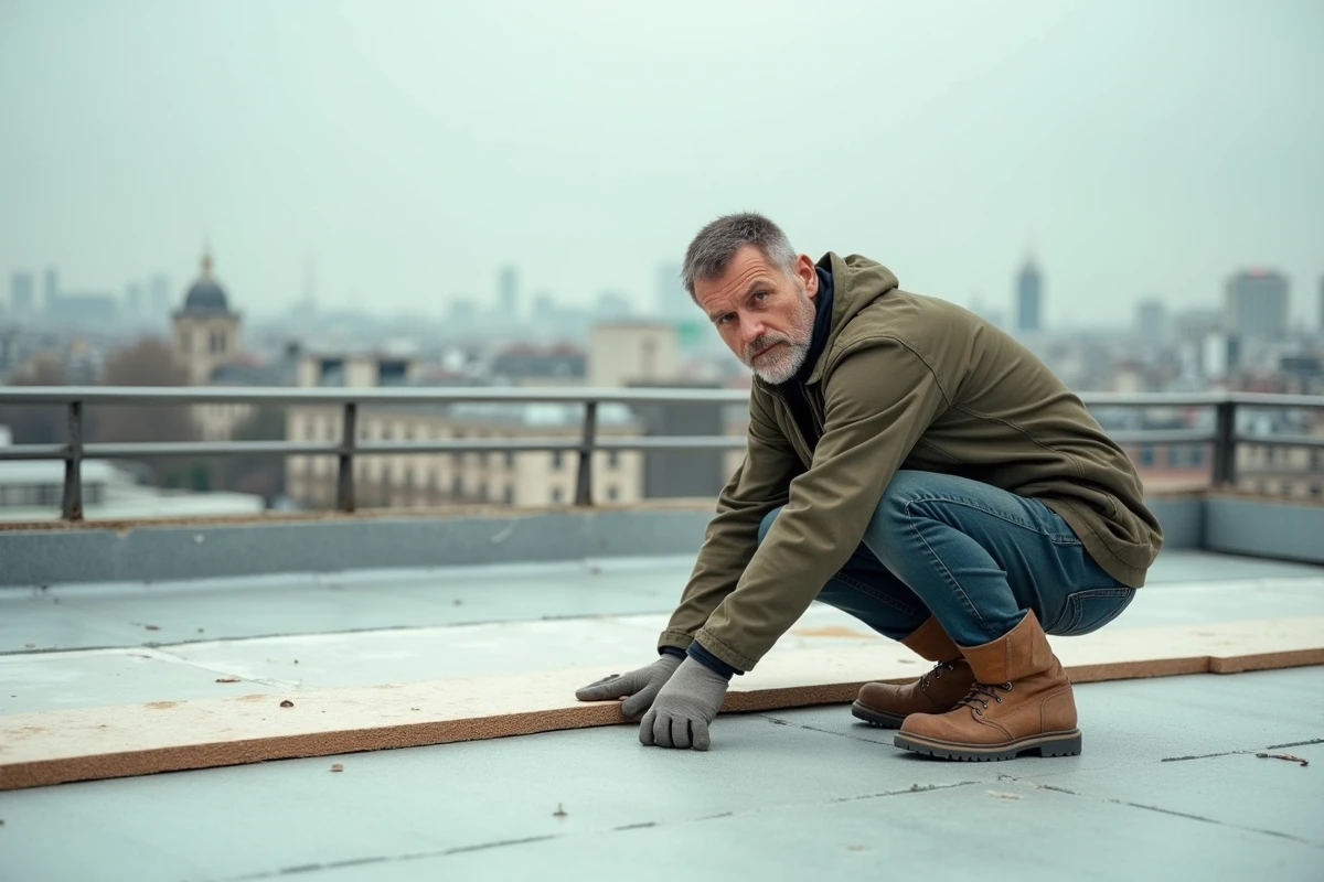 Artisan inspectant l'isolation d'un toit terrasse en milieu urbain avec panneau isolant rigide visible