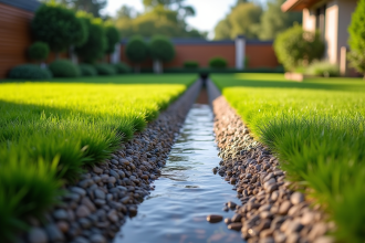 Jardin moderne avec drain français et pelouse verte