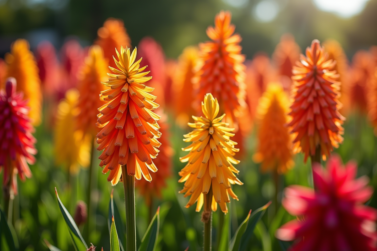 Jardin coloré avec des fleurs de kniphofia en pleine floraison