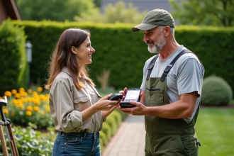 Paysagiste souriant remet une facture dans un jardin