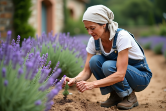 Femme jardinant dans un jardin de lavande provençal