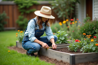 Femme en salopette et chapeau de paille dans un jardin organisé