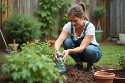 Femme plantant une bouteille d'eau dans un jardin verdoyant