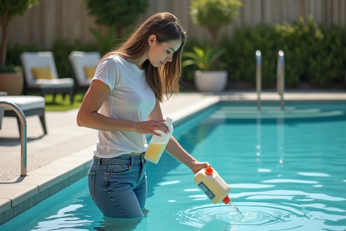 Jeune femme versant un produit chimique dans la piscine