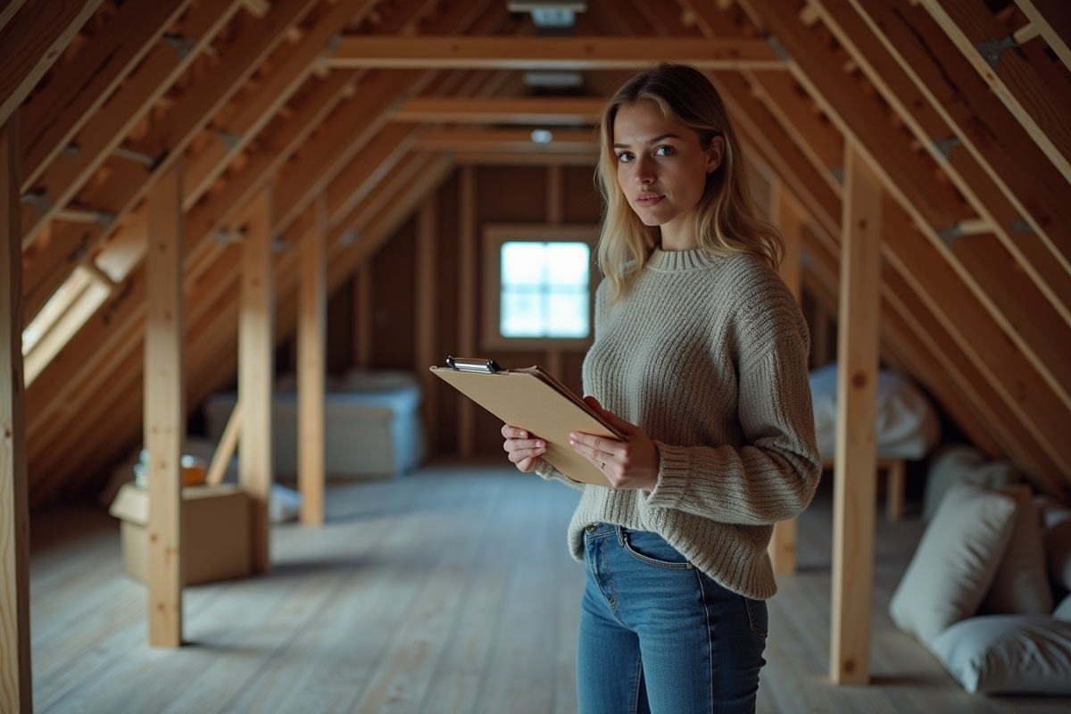 Jeune femme en attic sans isolation avec un carnet
